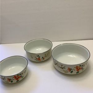 Vintage Mikasa Enamel Nesting Floral Birds Mixing Bowls Set of 3